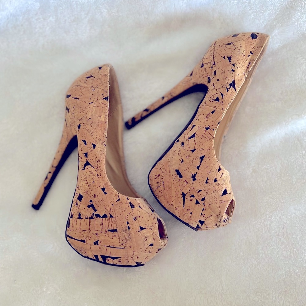 Cork Peep toe high heels